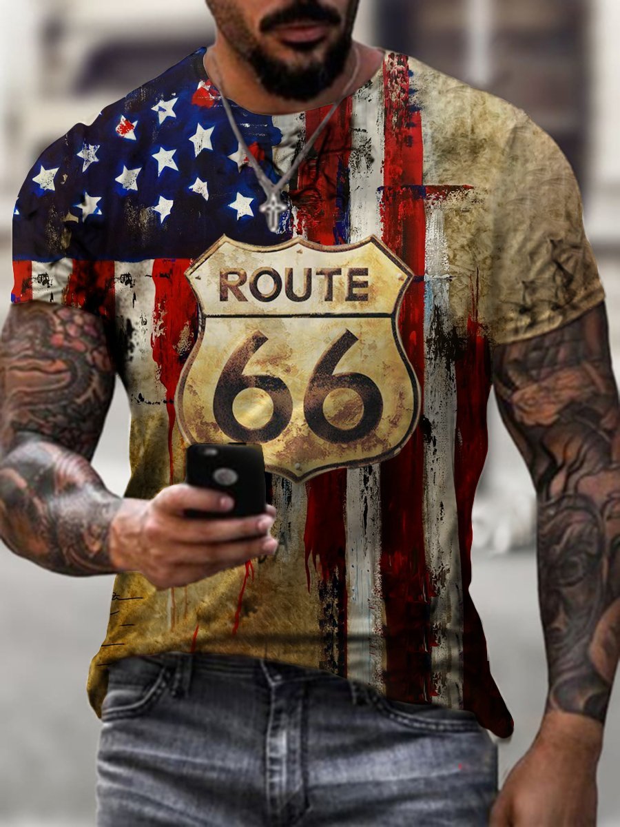 Crew Neck Route 66 American flag Short Sleeve Tops T-shirts - DUVAL