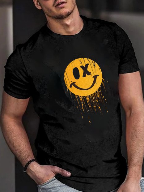 Men's Fashion Casual Black Smiling Face Printed T-Shirt