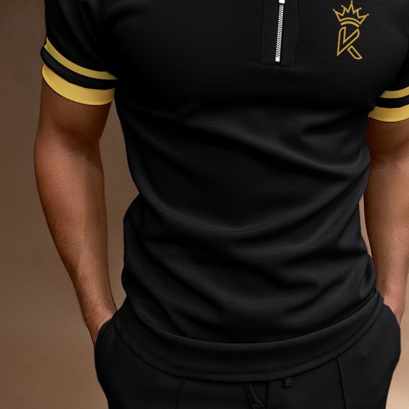 Men's Casual Color Matching Short Sleeve Zipper Polo Shirt Crown K Pattern Print - DUVAL