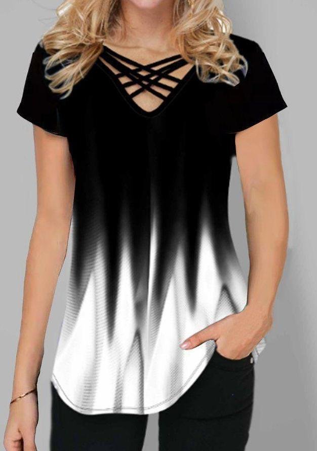 Strappy Caged Front V-Neck Ombre Shirt - DUVAL