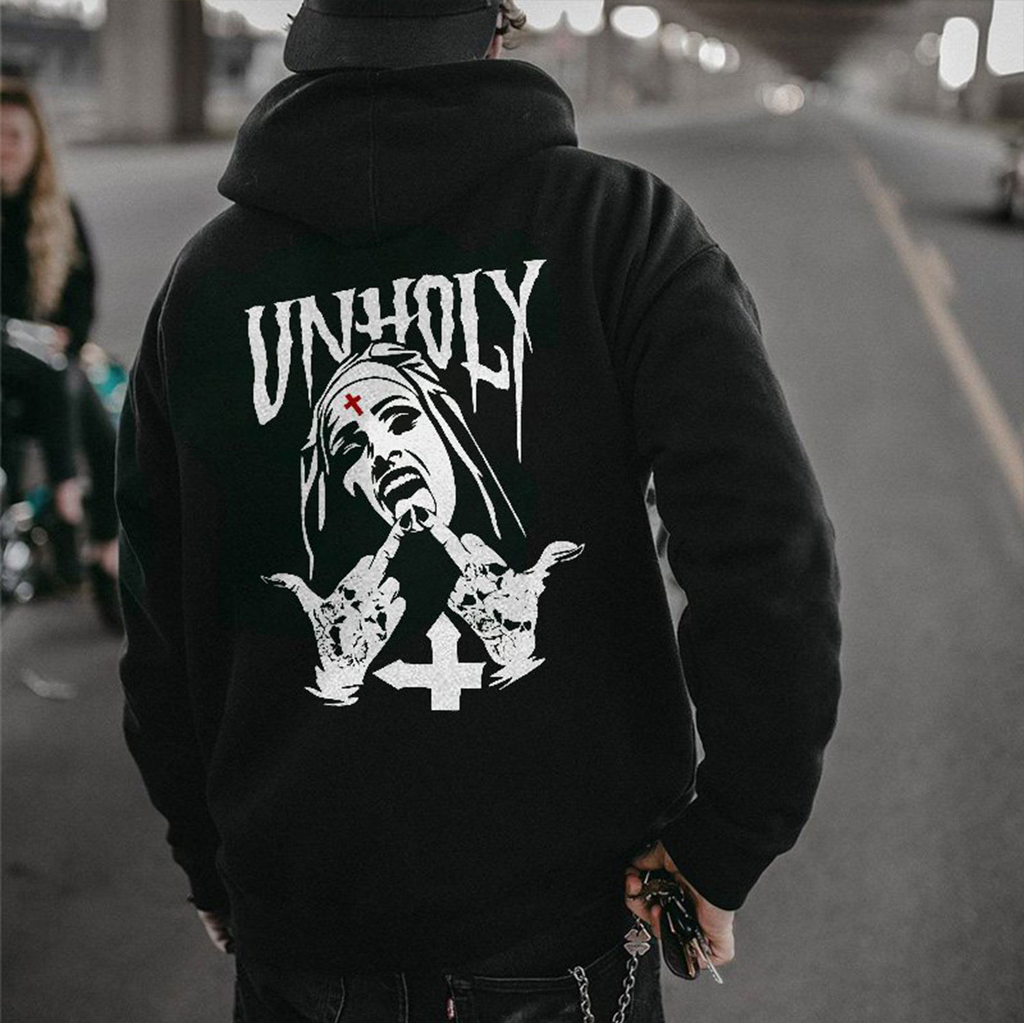 UNHOLY Nun Graphic Casual Black Couple Models Hoodie