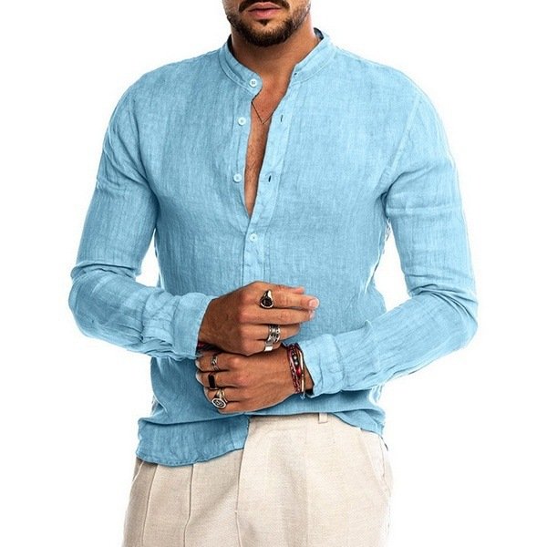 Men's Casual Linen Shirt Band Collar Long Sleeve Button Down Shirt - DUVAL