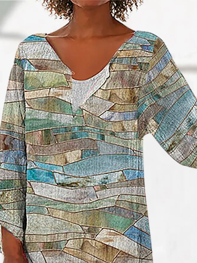 Plus Size Geometric Long Sleeve Casual Printed Tops - DUVAL