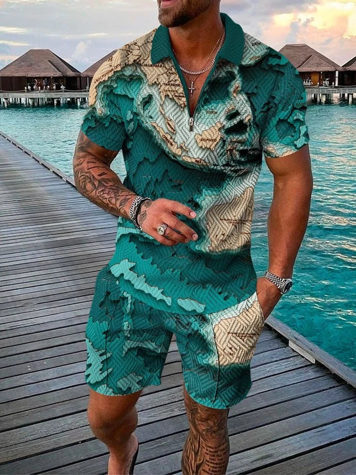 Men's Casual Global Printed Polo Suit