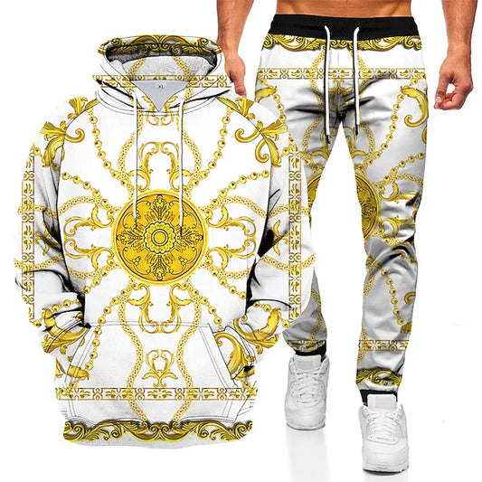 Men's Tracksuit Hoodies Set Hooded Graphic Chains Print 2 Piece Print Sports & Outdoor Casual Sports 3D Print Basic Streetwear Sportswear Clothing Apparel Hoodies Sweatshirts Long Sleeve Gold Red - DUVAL