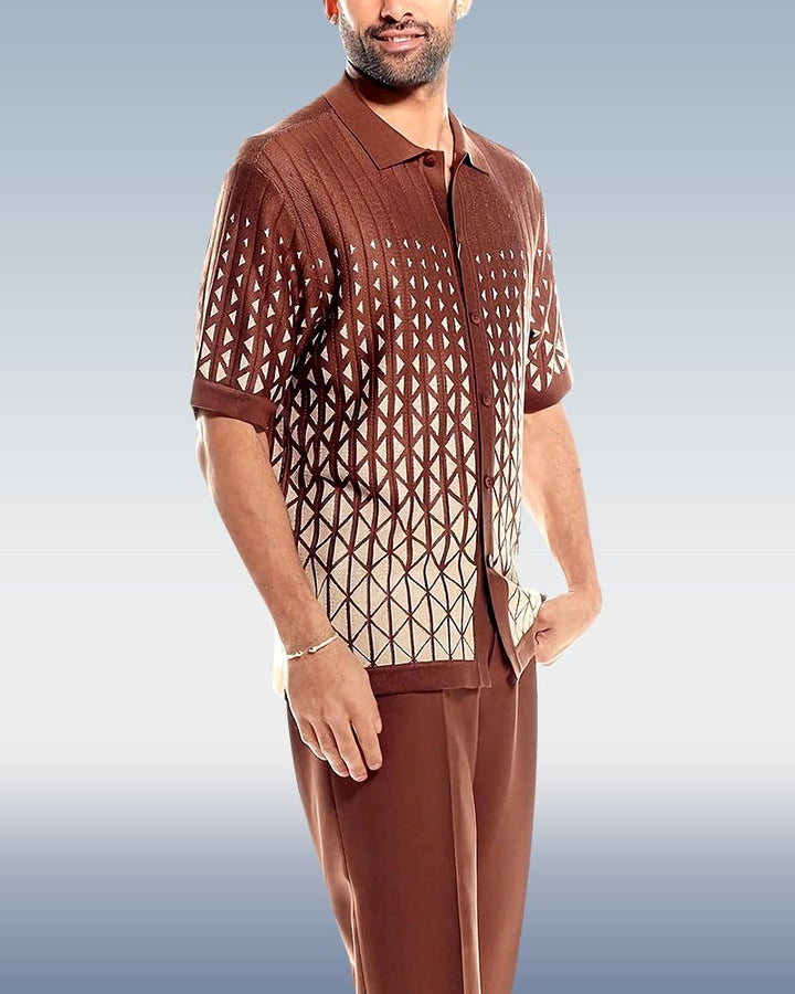 Cafe Criss-Cross Pattern Walking Suit Short Sleeve Set - DUVAL