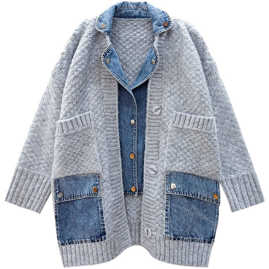 Design sense denim stitching cardigan jacket