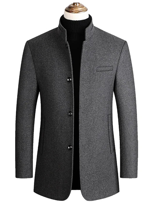 Men's Trench Coat Daily Fall & Winter Warm Basic Trench Coat Solid Colored Stand Collar