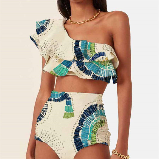 Double Layers Ruffled One-Shoulder Printed Swimsuit