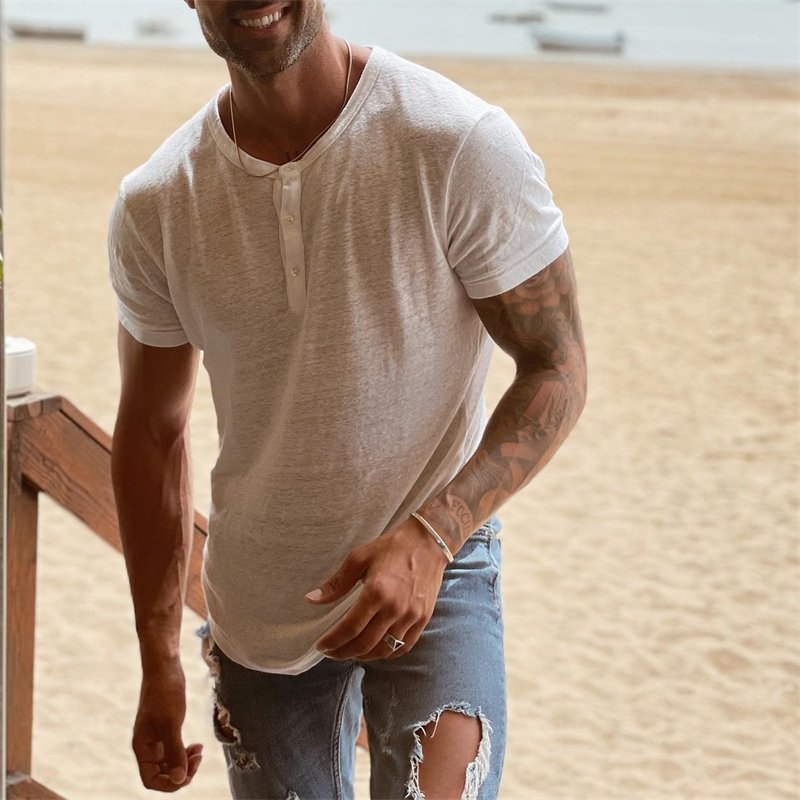 Men's Resort Style Crew Neck Linen T-Shirt - DUVAL