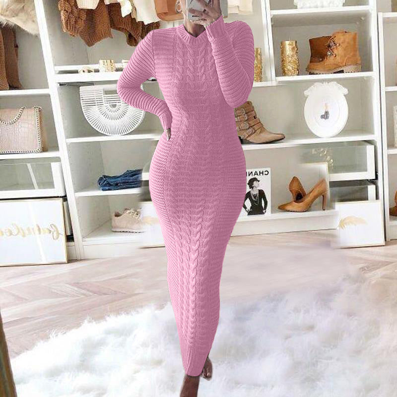 Fashion braided long-sleeved woolen dress