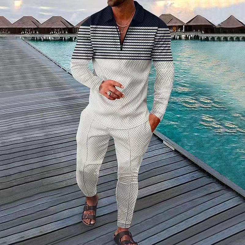 Stripe Pattern Long Sleeve Polo Suit - DUVAL