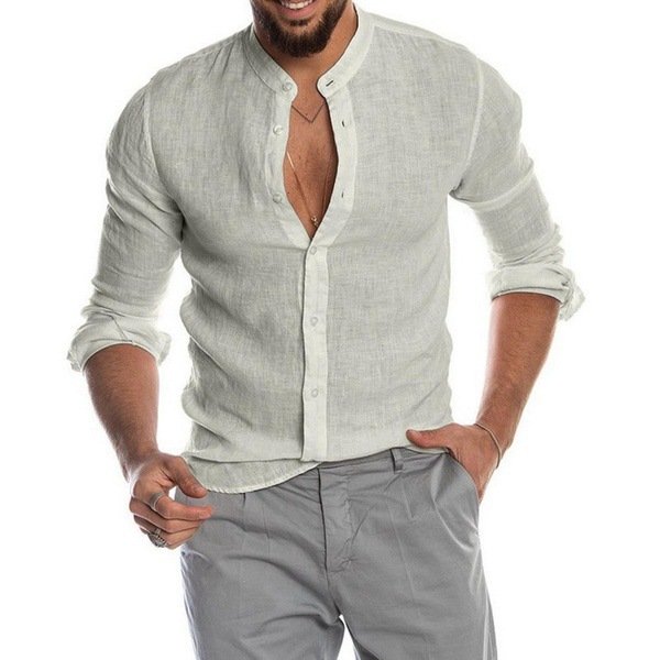 Men's Casual Linen Shirt Band Collar Long Sleeve Button Down Shirt - DUVAL