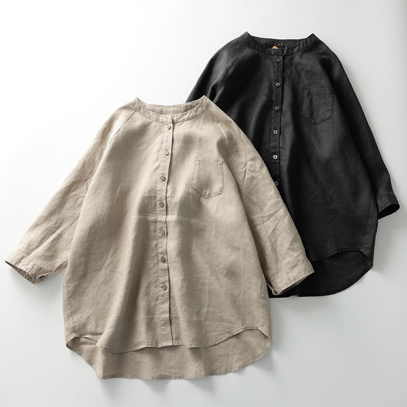 Stand collar 3/4 sleeve cotton linen shirt