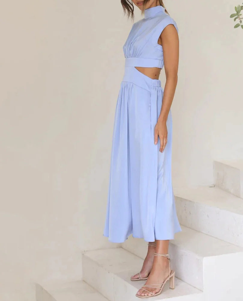 Chic Stand Collar Solid Color Sexy Waist Midi Dress