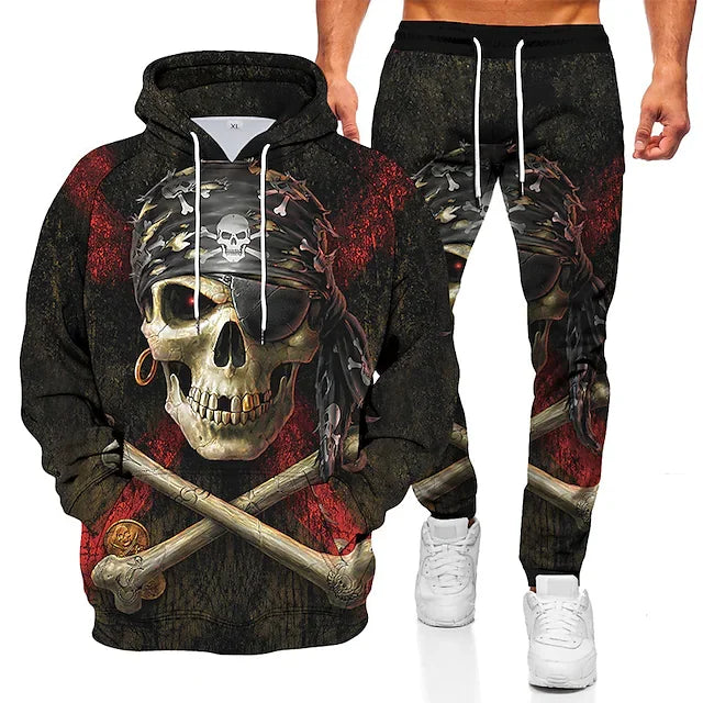 Men's Tracksuit Hoodies Set Hooded Graphic Skull 2 Piece Print Sports & Outdoor Casual Sports 3D Print Basic Streetwear Sportswear Clothing Apparel Hoodies Sweatshirts Long Sleeve Orange Red / Fall - DUVAL