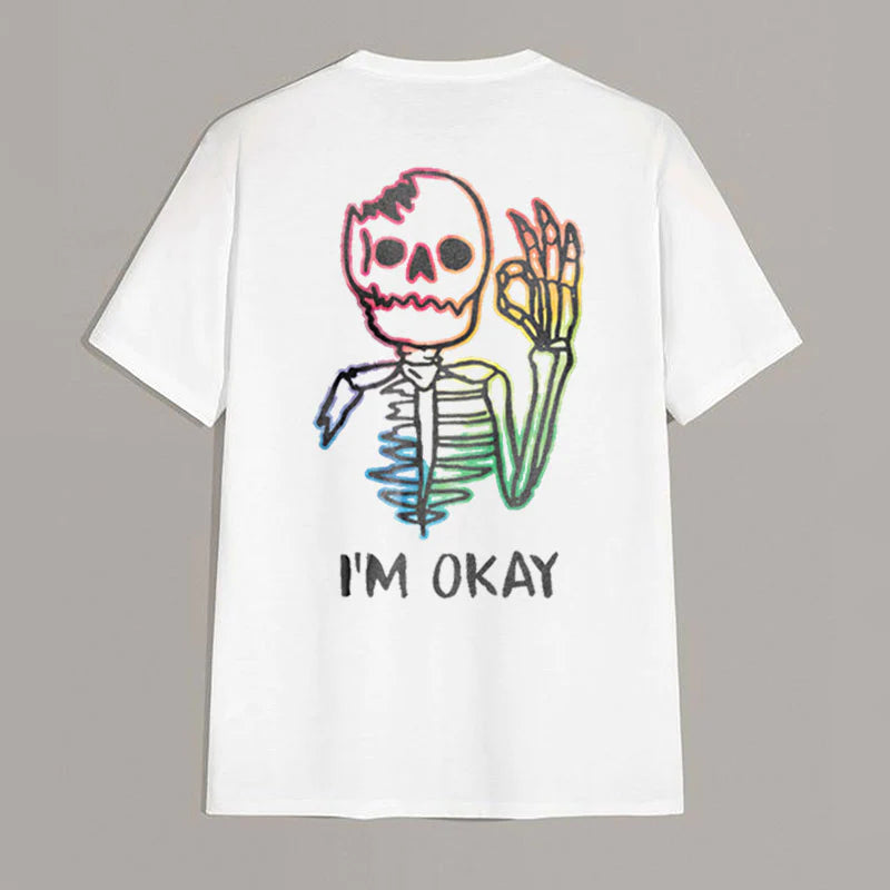 Multicolored Skull Bone I’M OK Couple Models T-Shirt