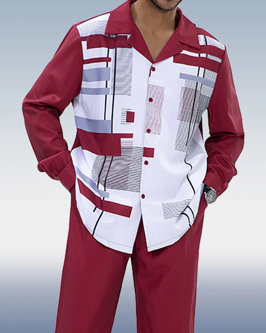 Burgundy Geometric Print Walking Suit 2 Piece LongSleeve Set - DUVAL