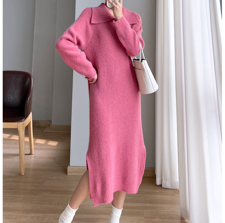 Two-wear autumn and winter loose slit knitted long dress with lapel collar