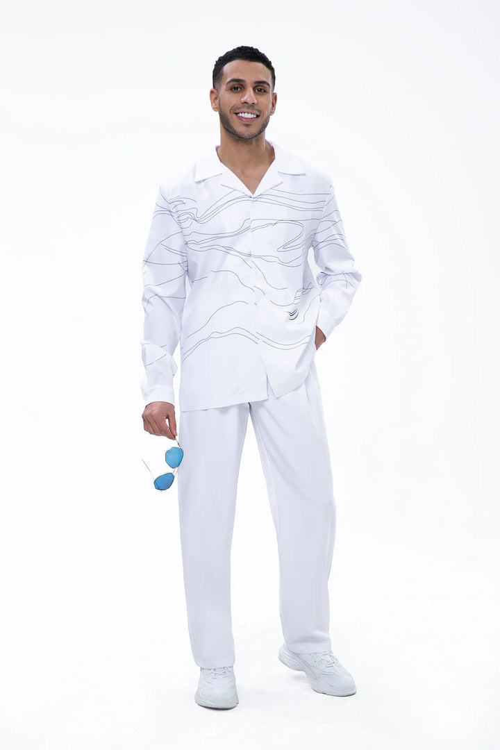 White Art Two-Piece Long Sleeve Print Walking Pants - DUVAL