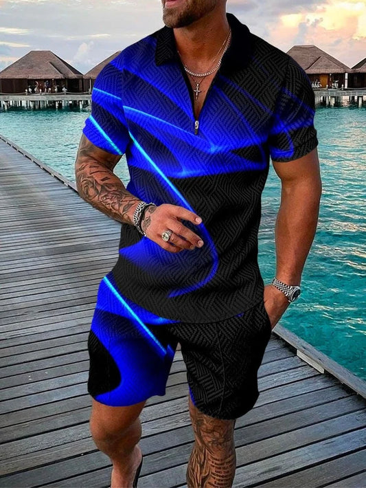 Men's Casual Galaxy Blue Printed Polo Suit