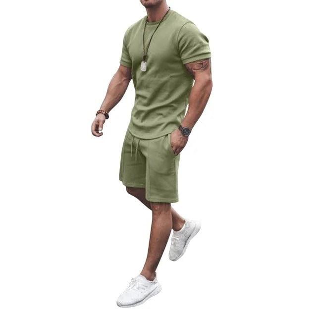 Summer Solid Green Sports Hawaiian Suit Short Sleeve