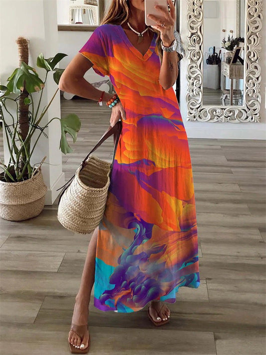 Women's Dresses V-Neck Multicolor Printed Short Sleeve Slit Dress - DUVAL