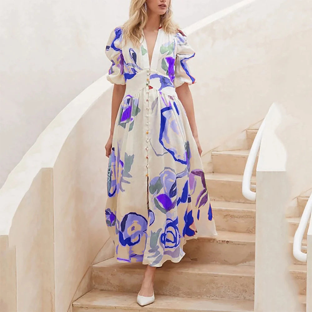 Temperament and fashionable V-neck printed long dress