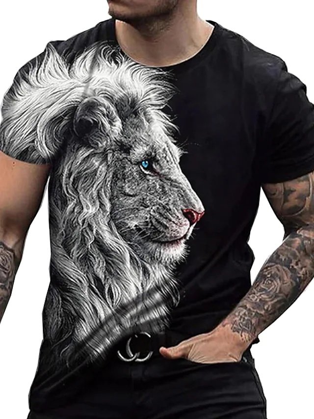 Men's  Tee T shirt Tee Shirt 3D Print Graphic Prints Lion Crew Neck Daily Holiday Print Short Sleeve Tops Designer Casual Big and Tall Black - DUVAL