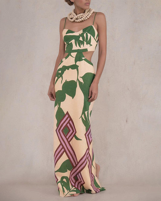 Abstract print suspenders Maxi dress