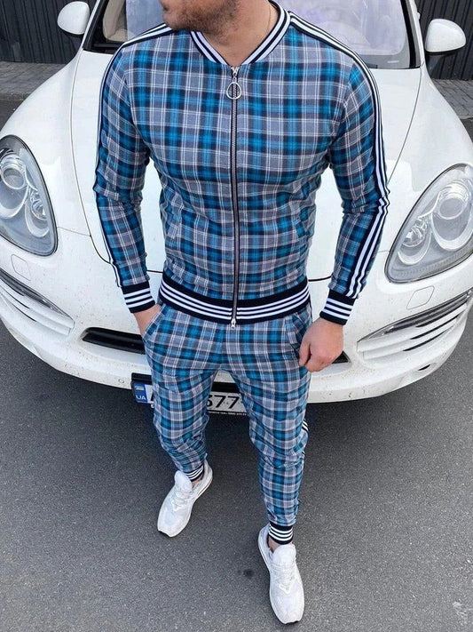 Men's Stylish Casual Blue Checked Print Sports 2 Piece Set - DUVAL