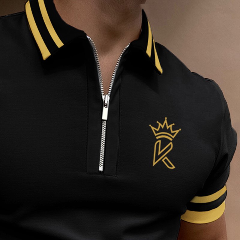 Men's Casual Color Matching Short Sleeve Zipper Polo Shirt Crown K Pattern Print - DUVAL