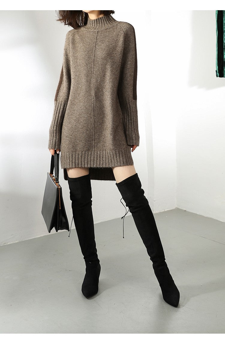 High-neck loose thick color-block knitted dress