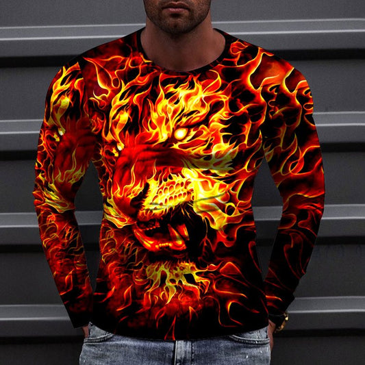 Men's T shirt Tee Tee Graphic Tiger Flame Round Neck Blue Red 3D Print Casual Daily Long Sleeve 3D Print Clothing Apparel Fashion Designer Casual Comfortable - DUVAL