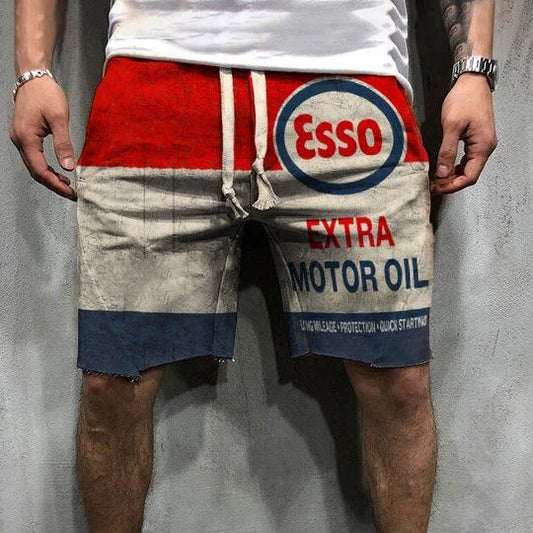 Retro Engine Oil Logo Print Shorts