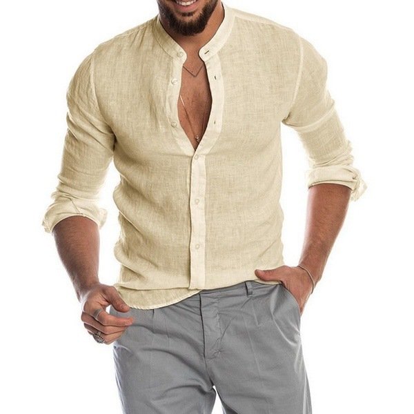 Men's Casual Linen Shirt Band Collar Long Sleeve Button Down Shirt