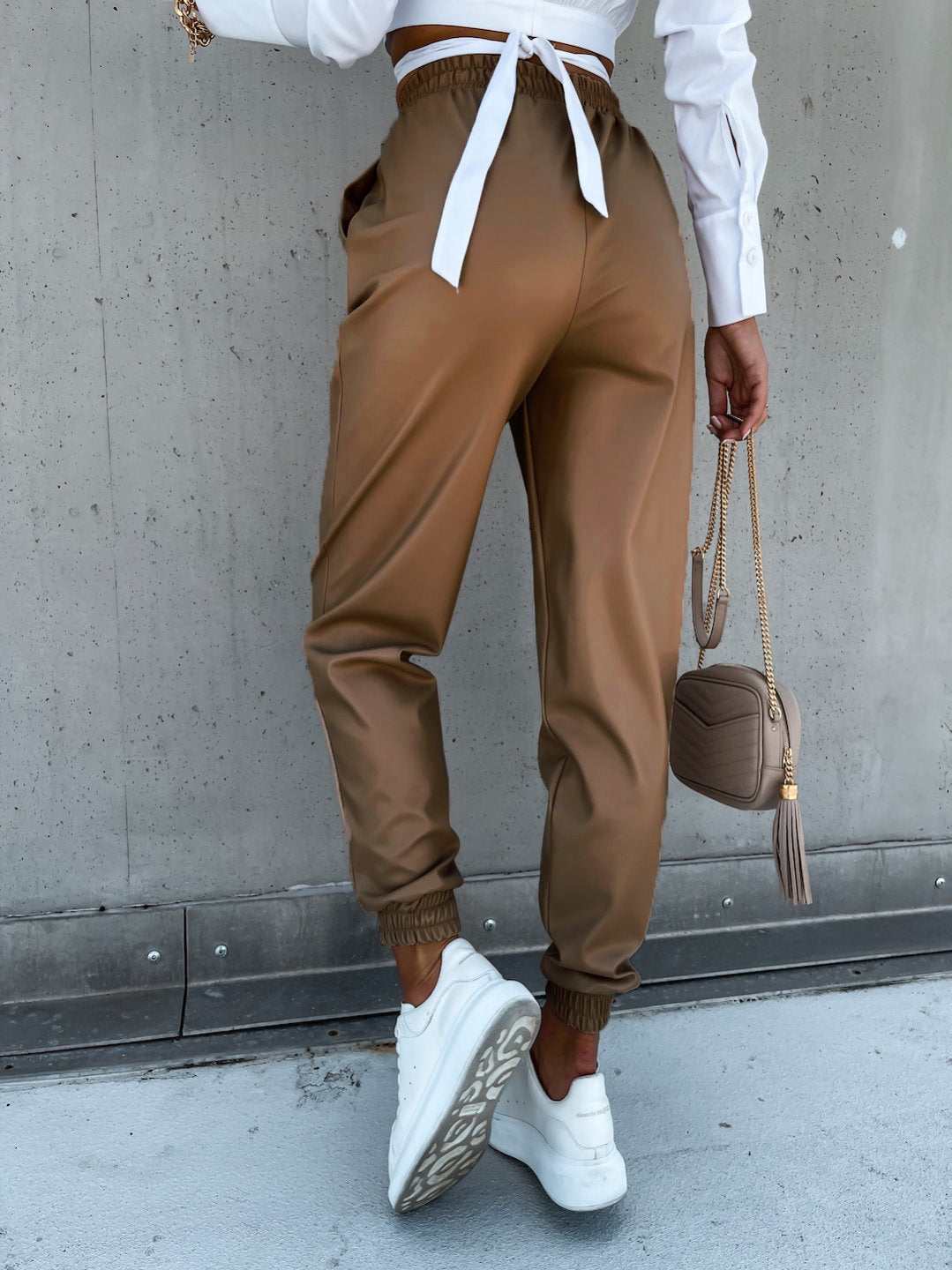 Casual pocket long PU leather pants