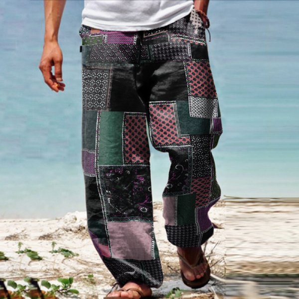 Men's Linen Western Ethnic Irregular Boho Print Double Pocket Stretch Loose Pants - DUVAL