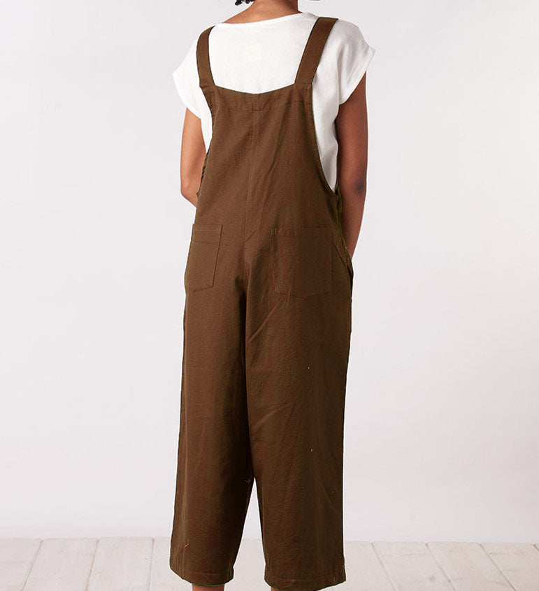 Literary cotton and linen strap casual jumpsuit