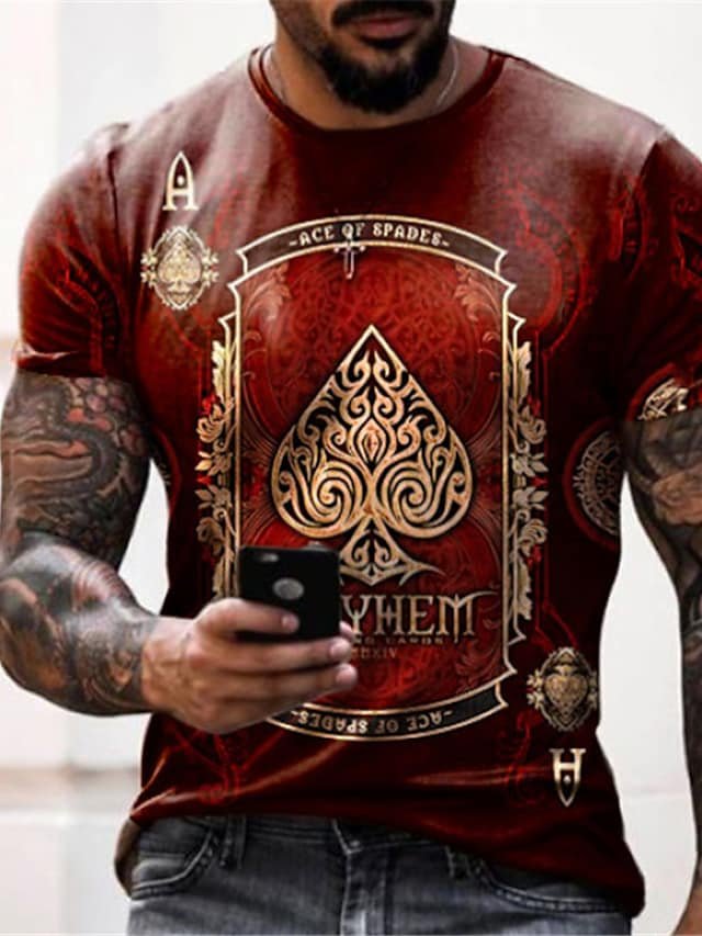 Men's Tee T shirt Tee 3D Print Graphic Prints Card Round Neck Daily Holiday Print Short Sleeve Tops Designer Casual Big and Tall Red - DUVAL