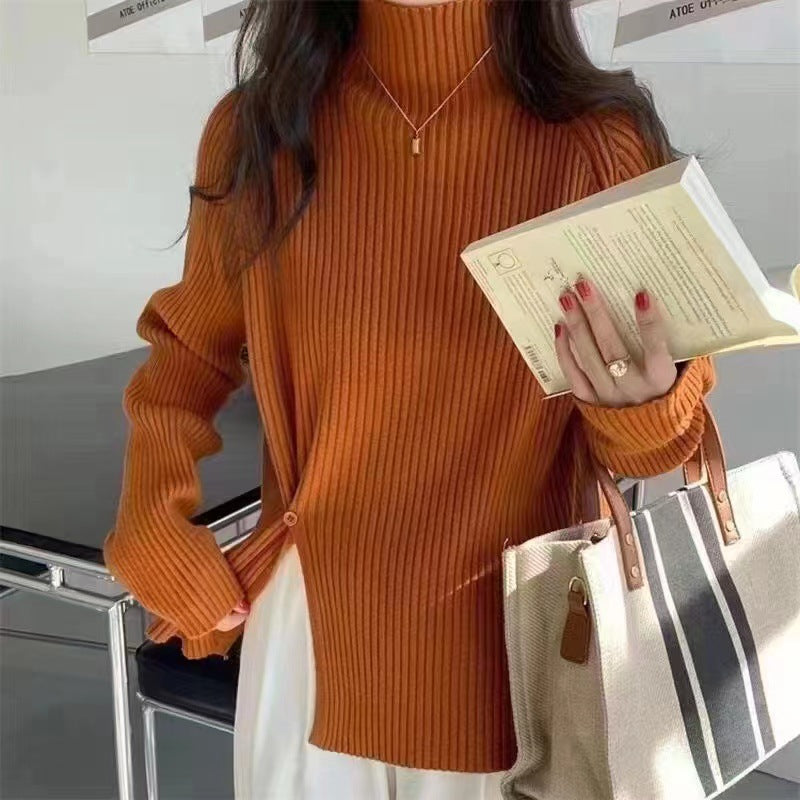 Half turtleneck slit pullover pit strip knitted top