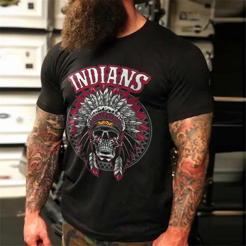 Men's Indian Skull Head Dark Biker T-Shirt - DUVAL