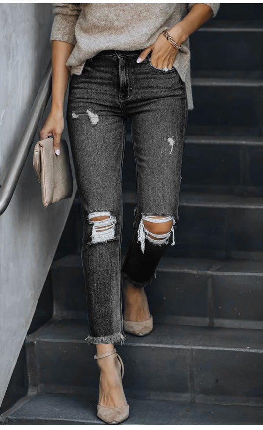 women's ripped fringed straight jeans