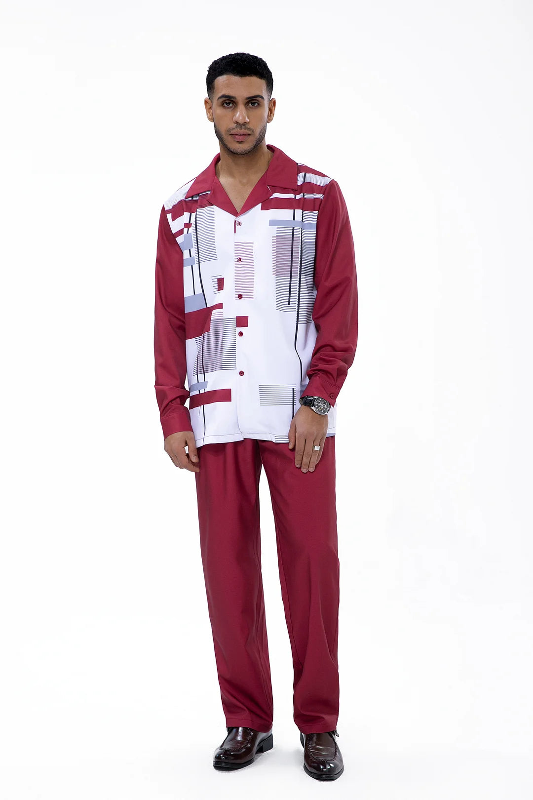 Burgundy Geometric Print Walking Suit 2 Piece LongSleeve Set - DUVAL