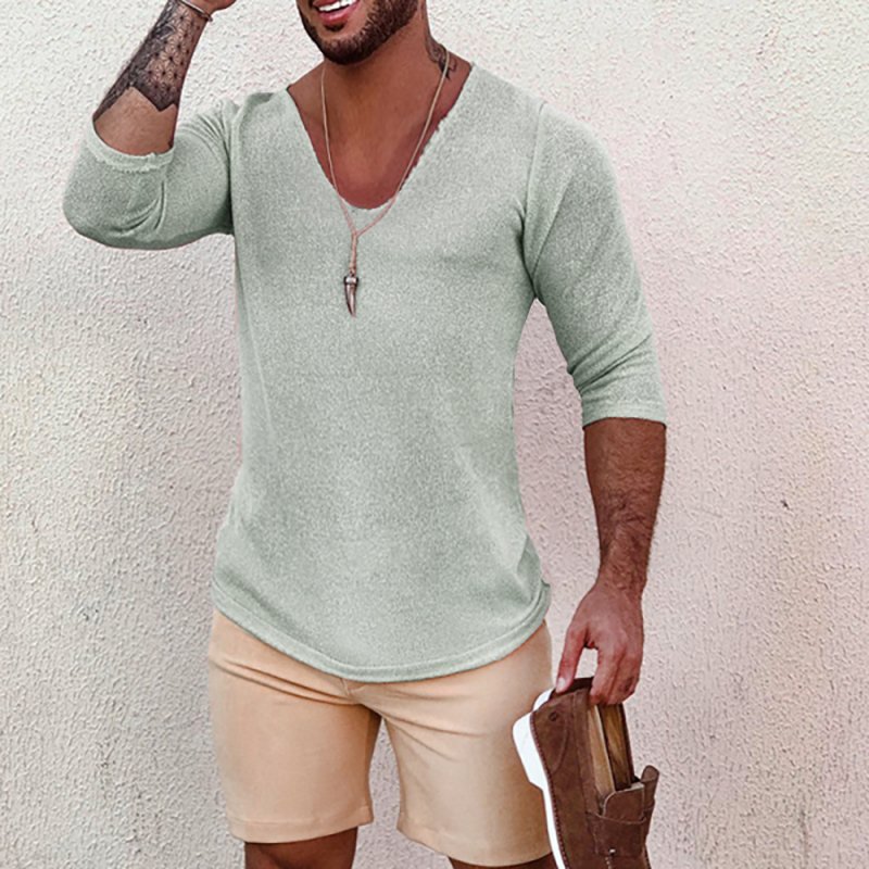 Men's Deep V Neck Breathable Linen Cotton Mid Sleeve T-Shirt - DUVAL