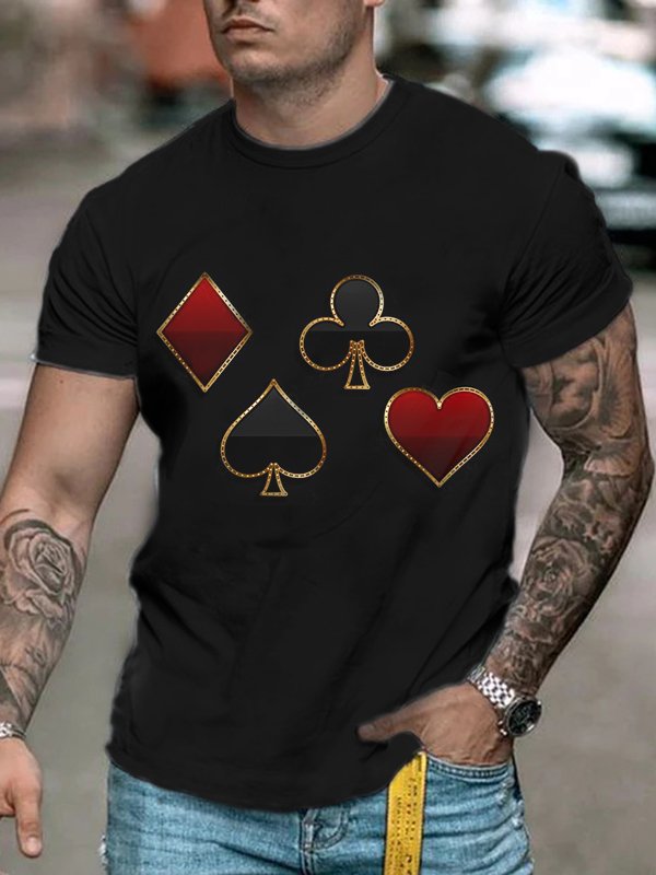Stylish Men Casual Black Poker Heart Print Short Sleeve T-Shirt - DUVAL