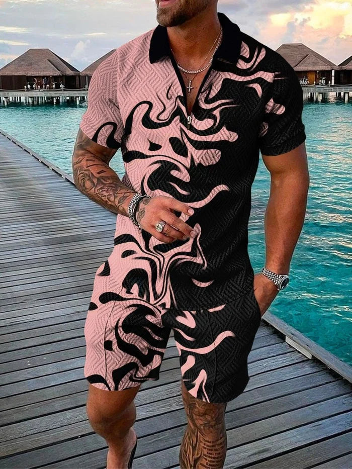 Men's Casual Pink/Black Printed Polo Suit - DUVAL