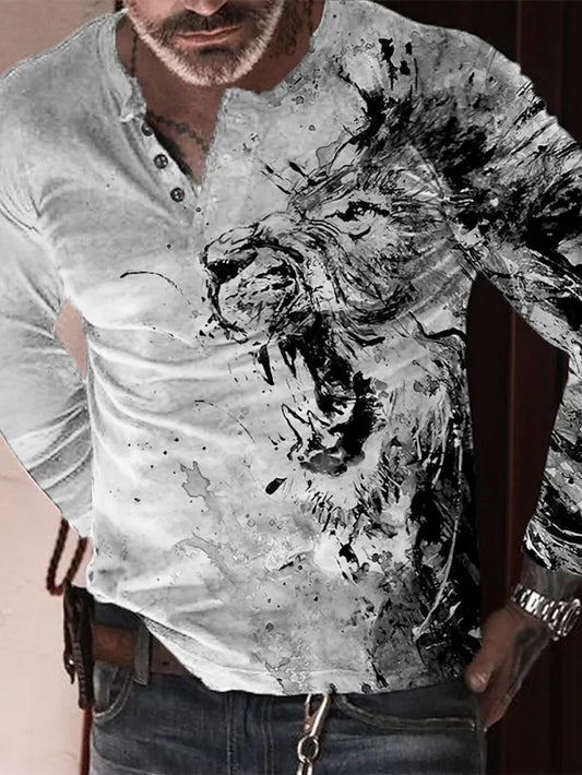 Men's Plus Size T shirt Tee Big and Tall Lion Henley Long Sleeve Spring & Fall Basic Sports Designer Breathable Outdoor Street Tops - DUVAL