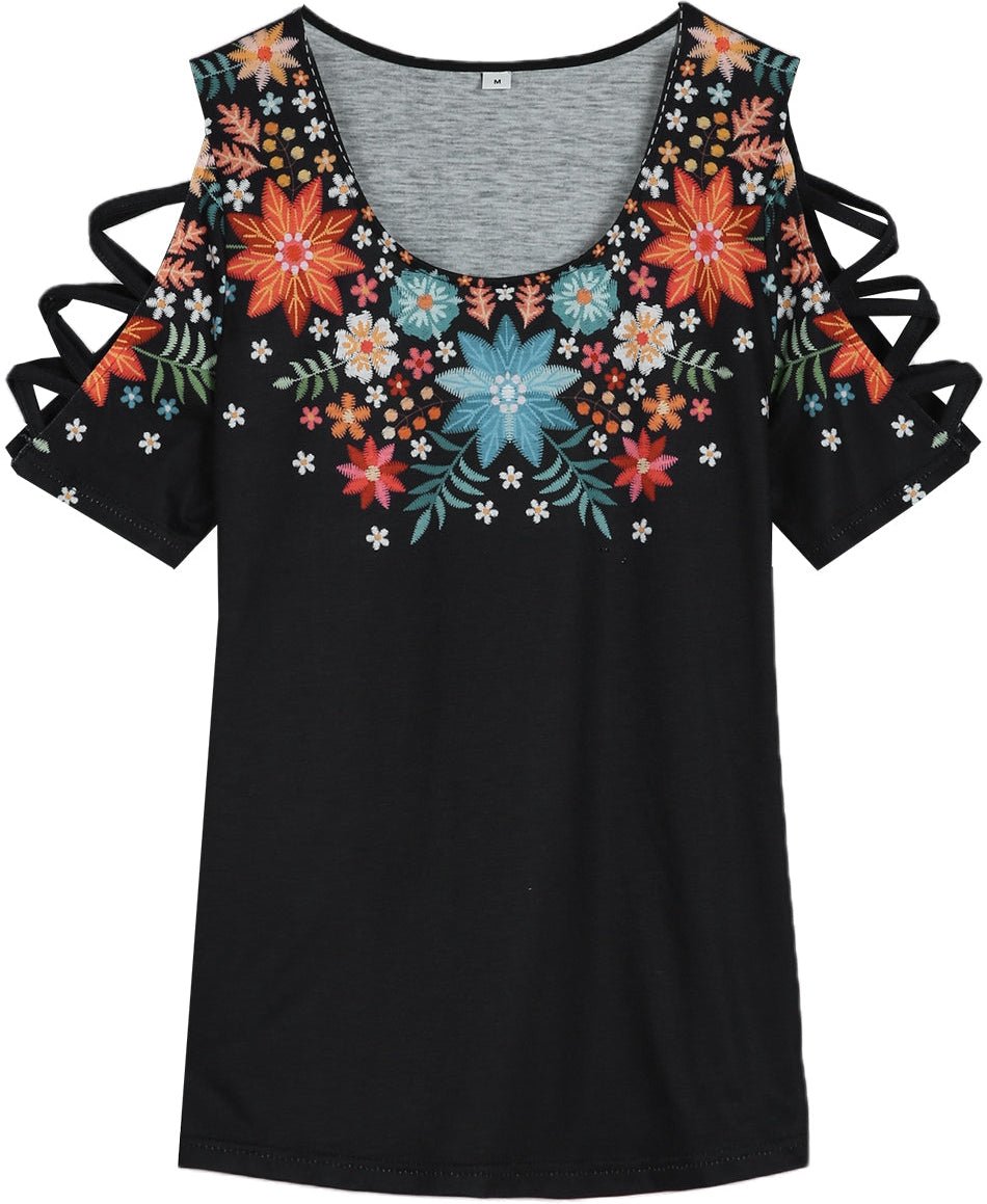 Floral Print Caged Short Sleeve Black Top - DUVAL