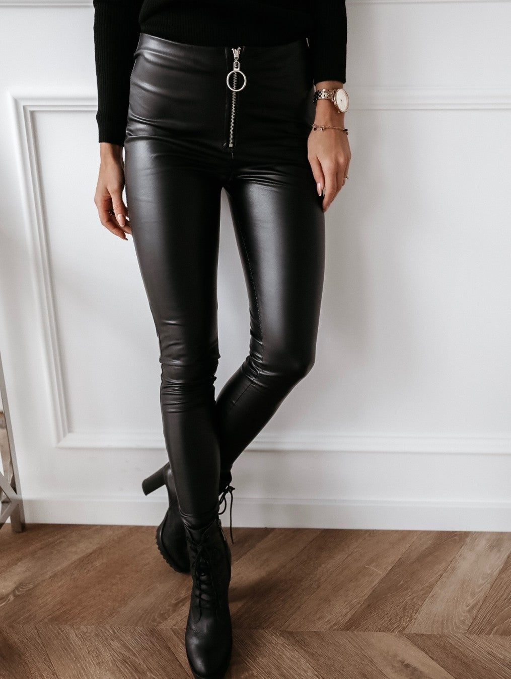 Slim fit PU zippered straight-leg pants